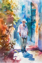 Sticker - Watercolor Painting of a Man in a Sunlit Alleyway Surrounded by Vibrant Colors and Lush Foliage