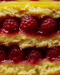 Wall Mural - an extreme close-up, a sliced lemon raspberry cake, filling the entire frame with its intricate three layers