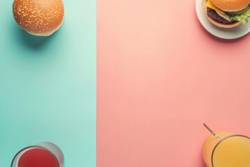 Poster - Enjoy a delightful spread showcasing refreshing beverages and tasty burgers set against a stylish, minimalist backdrop. Generative AI