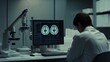 © Di - Scientist in Lab Coat Deeply Analyzing Brain Scan on Computer Screen, Surrounded by Research Papers and Microscope, Highlighting Focus on Autism Research and Medical Advancements.