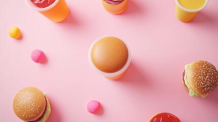 Poster - Brightly colored drinks and appetizing burgers create a fun atmosphere on a minimalist pink backdrop for casual dining. Generative AI
