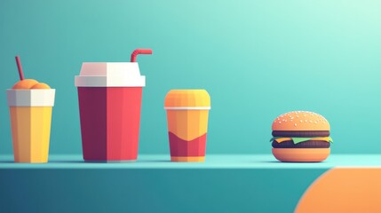 Poster - Brightly colored drinks and a burger sit together against a minimalist backdrop, creating a simple yet appealing composition. Generative AI