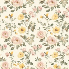 Beautiful floral pattern featuring pink and yellow flowers on a soft cream background, perfect for elegant decor or textiles.