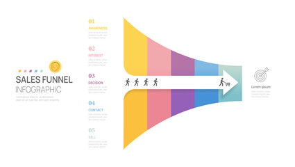 Wall Mural - infographic sales funnel diagram template for business. modern arrow timeline 5 step level, presenta