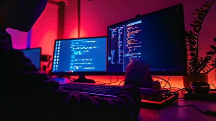 Poster - A person is seated in front of two computer monitors, engaged in work or leisure activities, Person coding a complex software in a dark room