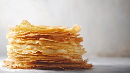 Poster - A delightful stack of golden crepes is presented on a table, inviting enjoyment for breakfast, brunch, or dessert any time. Generative AI