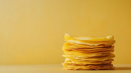Poster - A stack of freshly made golden crepes stands tall against a vibrant yellow backdrop, perfect for enjoying with sweet or savory fillings. Generative AI