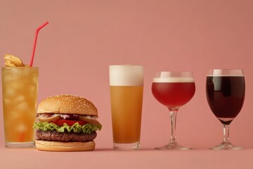 Poster - Delicious burgers accompanied by a variety of refreshing drinks displayed against a soft pastel background, ideal for outdoor dining. Generative AI