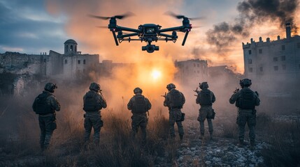 Aufkleber - A group of soldiers stands in formation, watching as a drone flies above amidst smoke and debris. The setting sun casts dramatic light on their tactical gear.