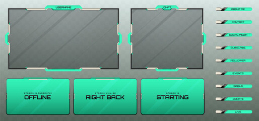 Stream Overlay Webcam Screen Frame and Stream Alert GUI Panels in Metallic Black, Silver, and Mint Green Color Theme for Gaming and Live Video Streaming Platforms