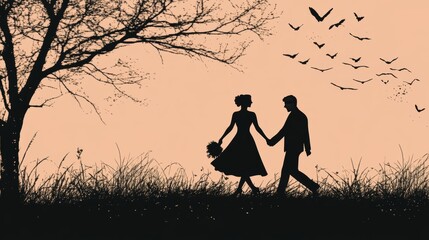 Sticker - Romantic Silhouette of a Couple Holding Hands Under a Tree