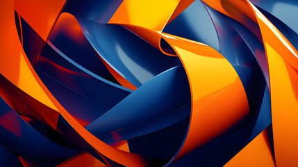 Vibrant abstract geometric ribbons, overlapping colors, dark azure and orange, distorted perspectives, luminous pop art graphics