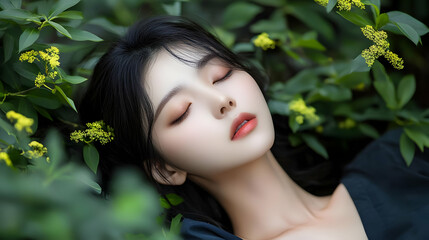 Sticker - Sleeping Beauty in a Garden of Green and Yellow Flowers