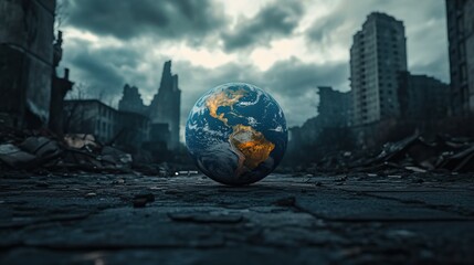 A post-apocalyptic city skyline with an Earth globe in the foreground symbolizing a damaged planet