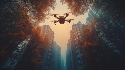 Aufkleber - A drone hovers between tall buildings in an urban area, surrounded by misty atmosphere and towering trees. The warm glow of sunset lights the scene, creating a serene atmosphere.