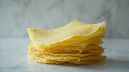 Poster - Delicious golden crepes are neatly stacked on a marble surface, inviting indulgence for breakfast, dessert, or a snack. Generative AI