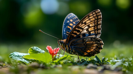 Canvas Print - Butterfly Feeding on Flower in Green Grass: A Close Up View of Nature's Beauty