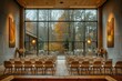 © Graph Squad - Empty chairs arranged in a room with large windows overlooking a forest.