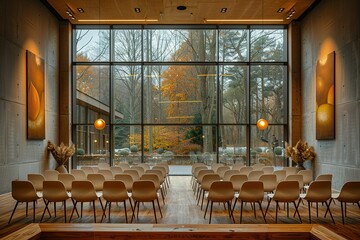 empty chairs arranged in a room with large windows overlooking a forest.