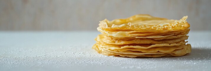 Poster - A stack of freshly made golden crepes rests elegantly on a clean surface, inviting indulgence for breakfast or dessert. Generative AI
