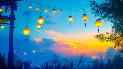 Canvas Print - Glowing Lanterns Dance Against a Vibrant Sunset Sky, Illuminating the Night with Warmth and Charm