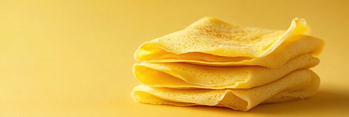 Poster - A stack of freshly made golden crepes rests on a cheerful yellow surface, radiating warmth and inviting with their delicate texture. Generative AI