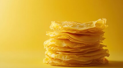 Poster - A stack of warm, golden crepes sits invitingly against a vibrant yellow backdrop, ideal for breakfast or dessert options. Generative AI