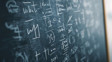 Chalkboard equations drawn in white on an abstract textured background, crisp focus on symbols and numbers, deep depth of field 