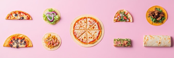 Poster - A colorful display of delicious street food items, featuring well-arranged tacos and pizza, creating an appealing layout for food lovers. Generative AI