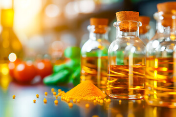 Several glass bottles filled with colorful oils are lined up on a kitchen counter, surrounded by vibrant spices and fresh vegetables in a cozy setting, illuminated by warm sunlight