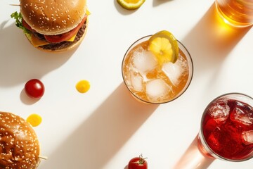 Poster - A vibrant assortment of delicious burgers and cool drinks lies on a clean, simple background, perfect for a laid-back meal or party. Generative AI