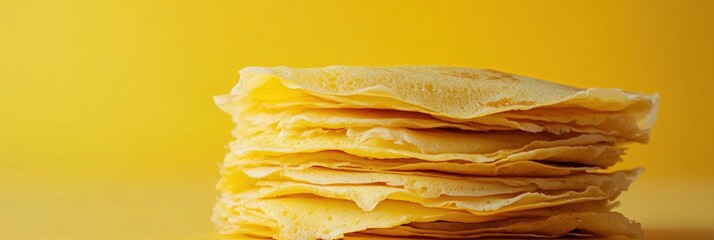 Poster - Freshly made golden crepes are stacked high, inviting a variety of delicious toppings in a bright, cheerful kitchen atmosphere. Generative AI