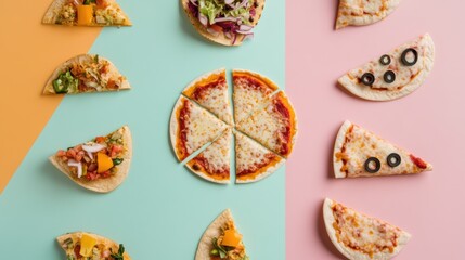 Poster - Tacos and pizzas are neatly arranged in geometric patterns, showcasing vibrant colors and diverse flavors at a street food event. Generative AI