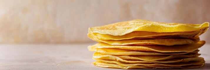 Poster - A delightful stack of freshly made golden crepes rests on a wooden surface, inviting innovative culinary creations and toppings. Generative AI