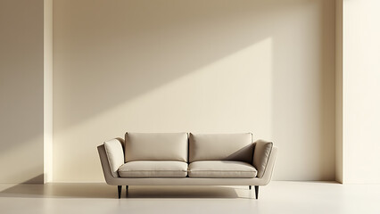 Poster - A sleek loveseat sits cozily on a minimalist floor in front of a large, empty beige stucco wall in this modern living space.