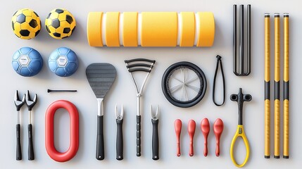 Beautiful high angle view of various sport equipment on a white background.