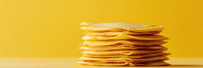 Poster - Delicious golden crepes are stacked high, ready to be served, offering a tempting treat on a bright yellow surface. Generative AI