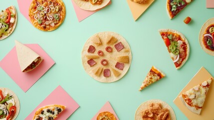 Poster - A variety of tacos and pizzas are arranged in a geometric pattern on a vibrant backdrop, showcasing street food delights vibrantly. Generative AI