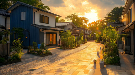 Canvas Print - Charming Cobblestone Street in a Quiet Neighborhood with Traditional Japanese Houses at Sunset