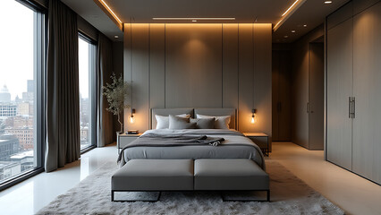 Poster - The loft style interior design of this modern bedroom is sleek and sophisticated, with clean lines and minimal decor.