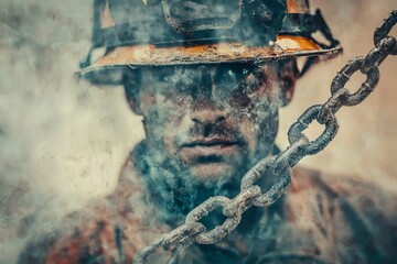 Intense Portrait of a Firefighter in Action with Helmet and Chain