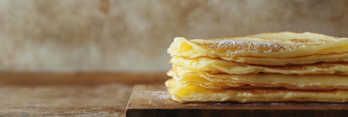 Poster - Freshly made golden crepes stacked neatly on a wooden board, inviting toppings await in a cozy kitchen atmosphere. Generative AI