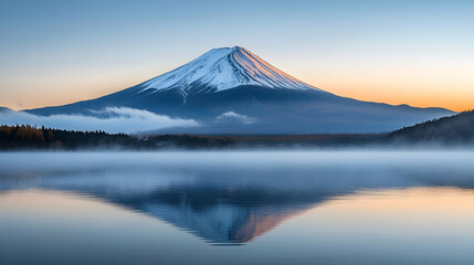 Poster - Mountain Reflection in Still Waters, A Misty Morning Landscape