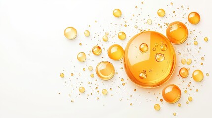 Fototapete - A stunning high-res image of multiple oil droplets artistically arranged on a clean white background. The minimalist style draws attention to the droplets' shapes and reflections,