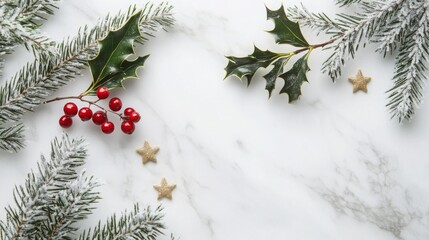 Aufkleber - Closeup of a white marble surface with sprigs of holly and pine. The holly has bright red berries and the pine is dusted with snow. There are also three gold stars scattered around the arrangement.