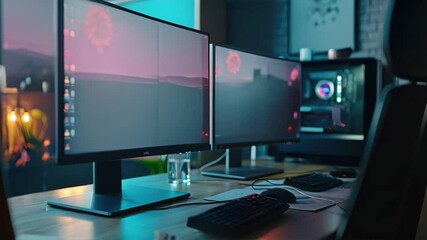 Poster - A person is seated in front of two computer monitors, working and focusing on the screens, Two computer screens, one infected with virus and other secured