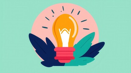 Poster - Light bulb illustration with vibrant colors and leaves design, modern style