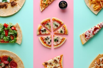 Poster - An array of vibrant street food including tacos and pizza, artfully arranged in geometric styles on colorful surfaces. Generative AI