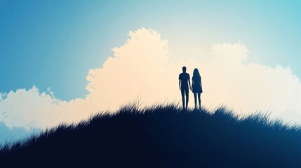 Wall Mural - Silhouetted Couple Holding Hands on Hilltop Against Dramatic Sky