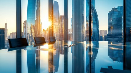 A modern office with a panoramic city view at sunset, featuring glass windows reflecting tall buildings and a serene atmosphere.